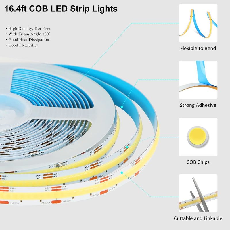 COB Đèn dải LED CCT (2700K-6500K có thể điều chỉnh) 2M 560LEDs / m CRI90 Led Tape Light Kit với hộp gói dải LED cho nhà