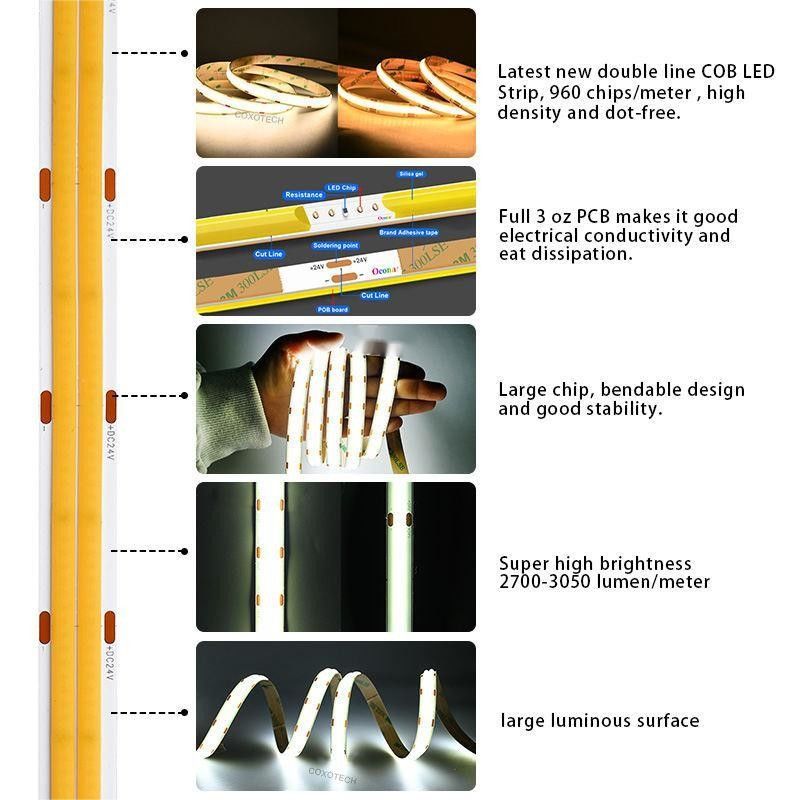 10m / cuộn Đường đôi 600 leds 12v 24v Ra80 12mm linh hoạt COB dẫn linh hoạt đèn dải